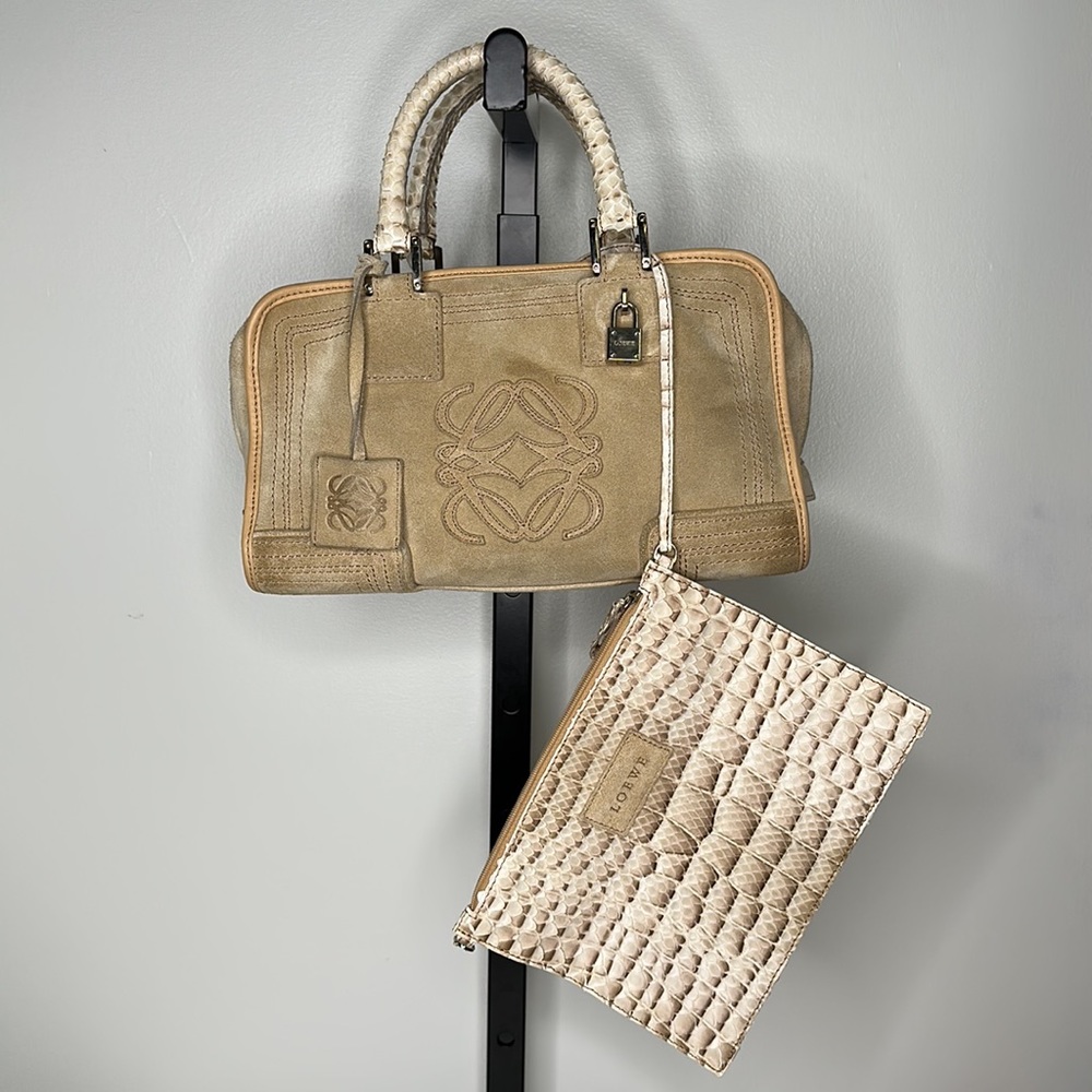 Loewe Amazona 23  Beige Suede Python Snakeskin with Cosmetic Bag included